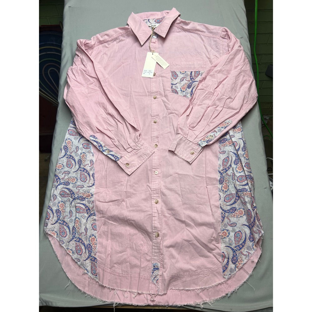 Blue Velvet Dusty Pink Paisley Contrast Tunic Shirt Raw Hem 9449BT Medium NEW